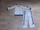 Long sleeves blue floral top pants kids girls outfits