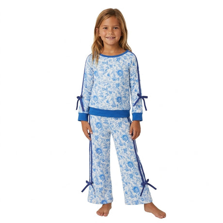 Long sleeves blue floral top pants kids girls outfits