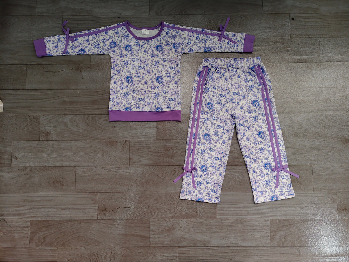 Long sleeves purple floral top pants girls clothing set