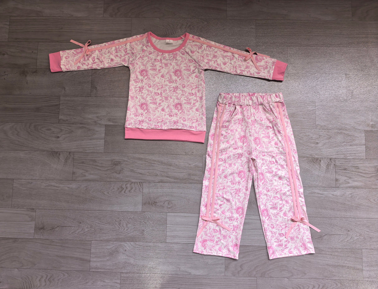 Long sleeves pink floral top pants kids girls outfits