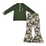 Cotton deer embroidery pullover scallop pants girls outfits