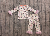 Pink black bow fur sleeves girls Halloween pajamas