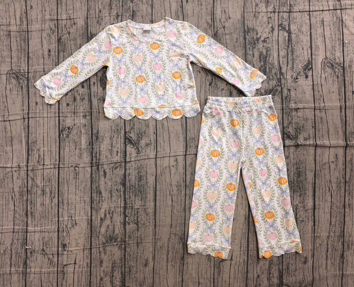 Long sleeves pumpkin floral bow scallop girls fall outfit
