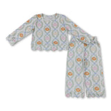 Long sleeves pumpkin floral bow scallop girls fall outfit