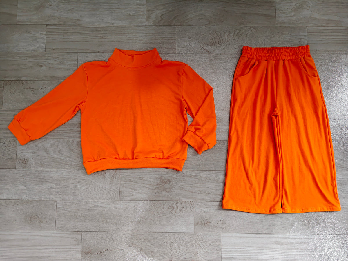 Long sleeves orange cotton top pants kids girls outfits