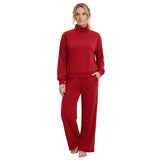Long sleeves dark red cotton mock neck top pants adult women outfits