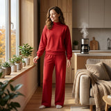 Long sleeves dark red cotton mock neck top pants adult women outfits
