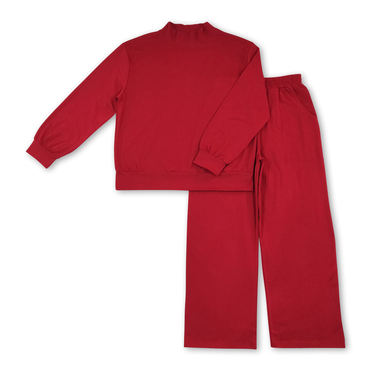 Long sleeves dark red cotton mock neck top pants adult women outfits