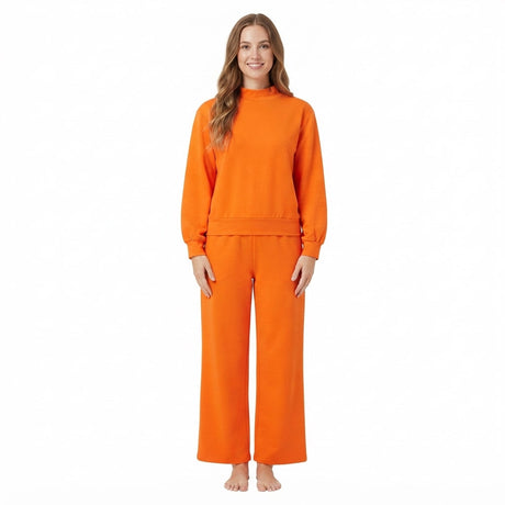 Long sleeves orange cotton mock neck top pants adult women outfits