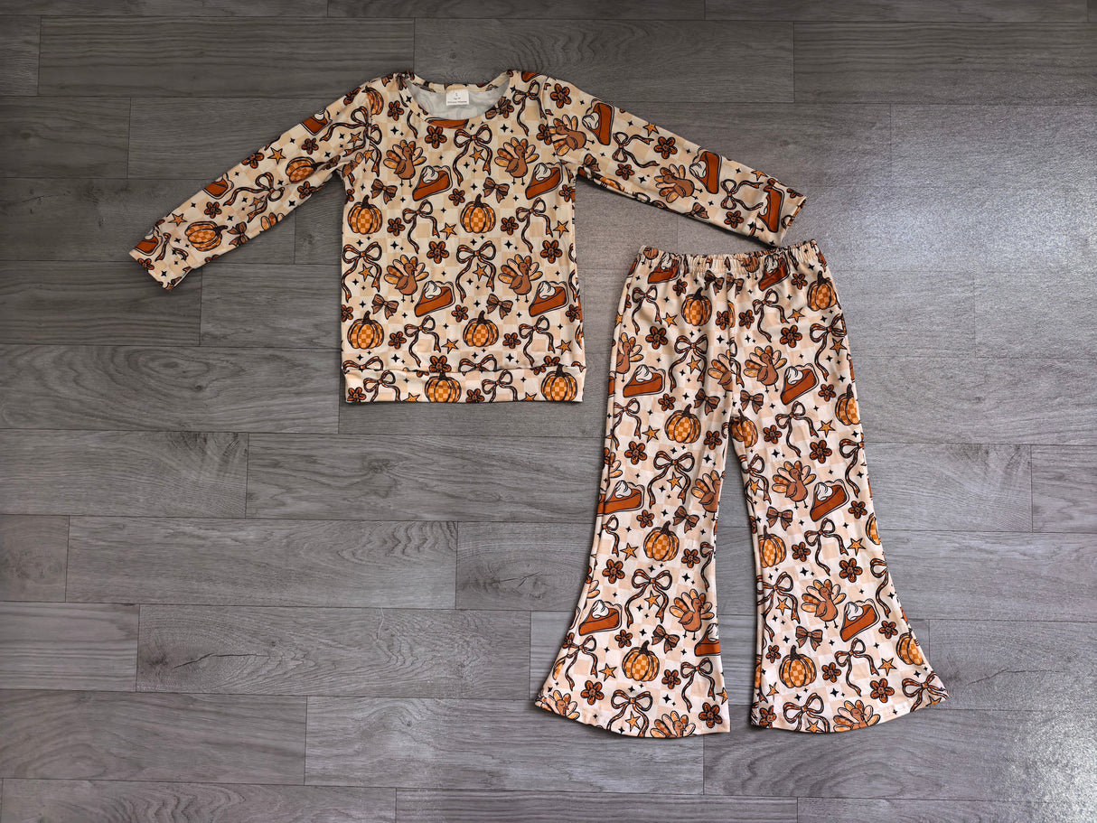 Pumpkin pie bow turkey top pants girls Thanksgiving outfits