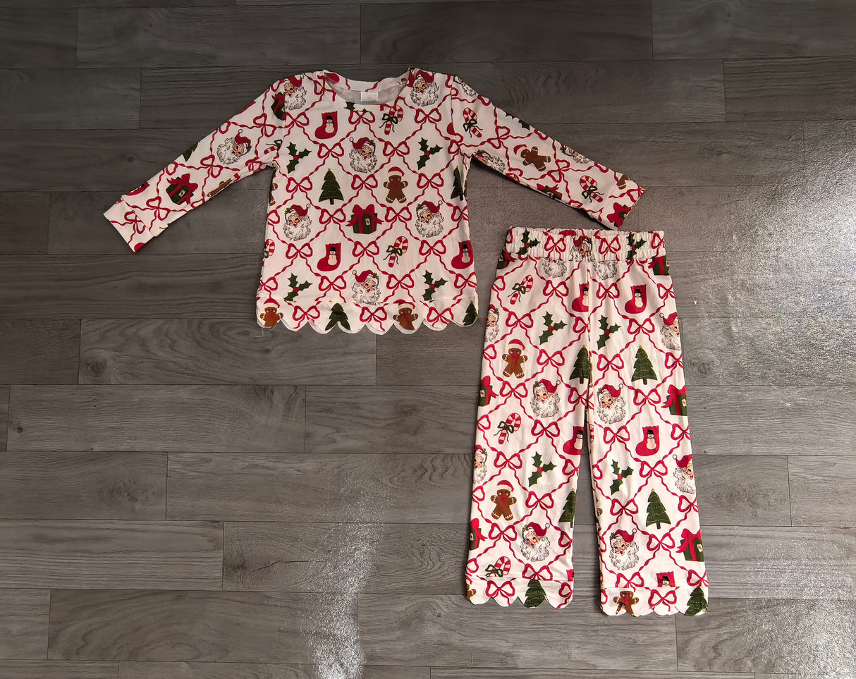 Long sleeves santa bow scallop kids girls Christmas outfit