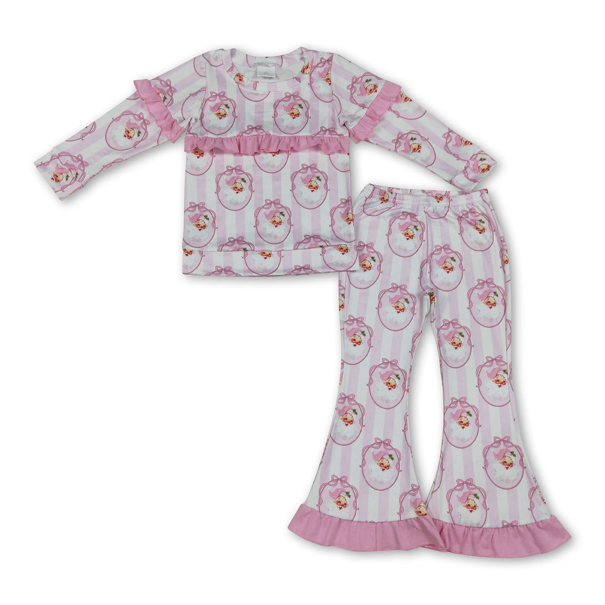 Pink ruffle stripe santa bow kids girls Christmas outfits