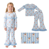 Light blue ruffle stripe santa bow kids girls Christmas outfits