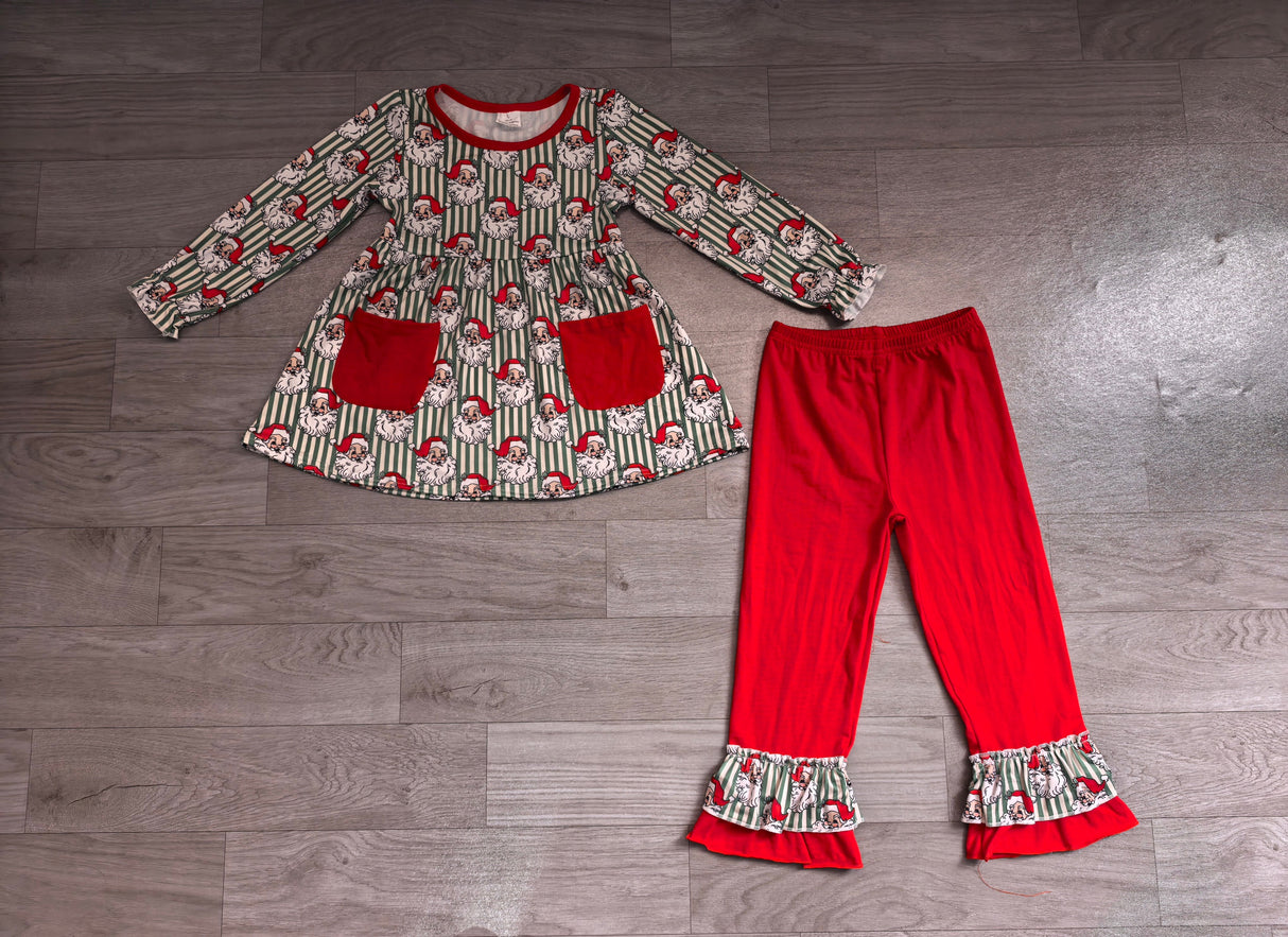 Stripe santa tunic red ruffle pants girls Christmas set