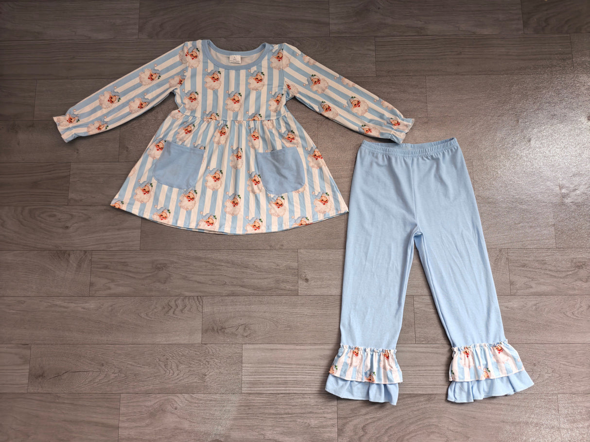 Stripe santa tunic light blue ruffle pants girls Christmas set