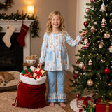 Stripe santa tunic light blue ruffle pants girls Christmas set