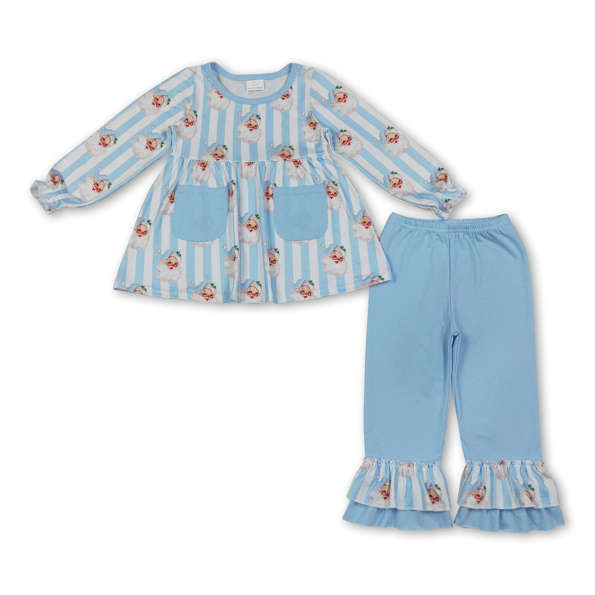 Stripe santa tunic light blue ruffle pants girls Christmas set