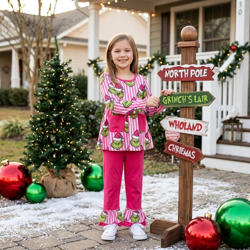 Stripe green face tunic pants girls Christmas outfits