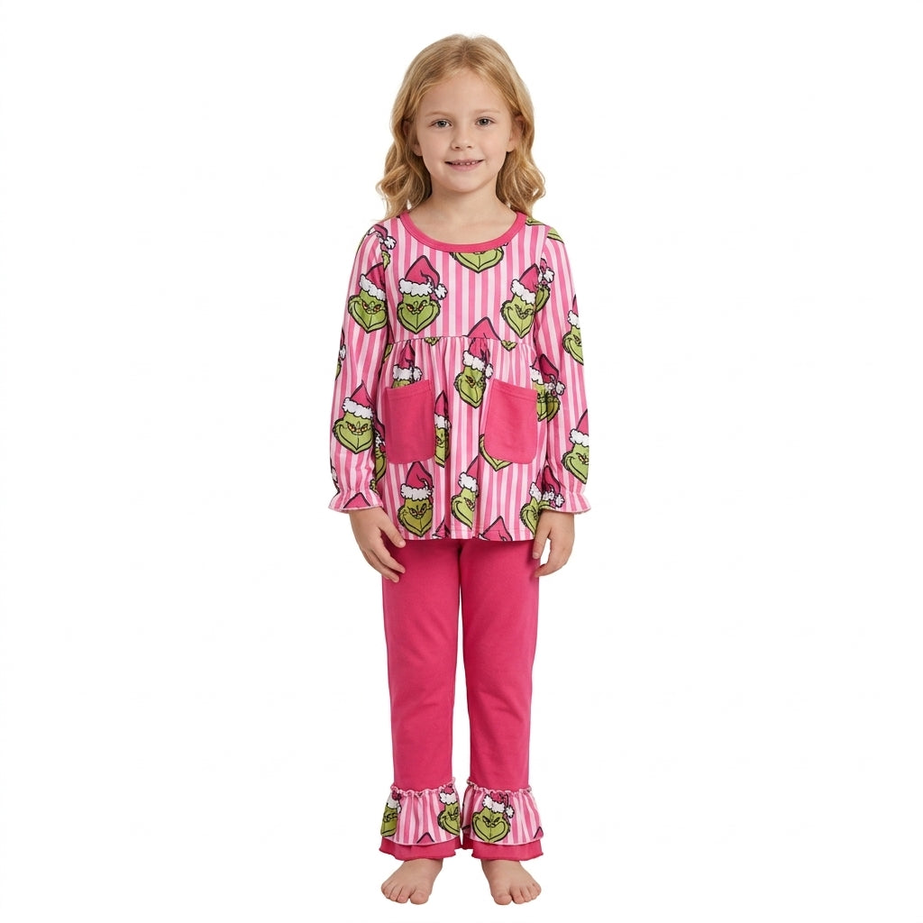 Stripe green face tunic pants girls Christmas outfits