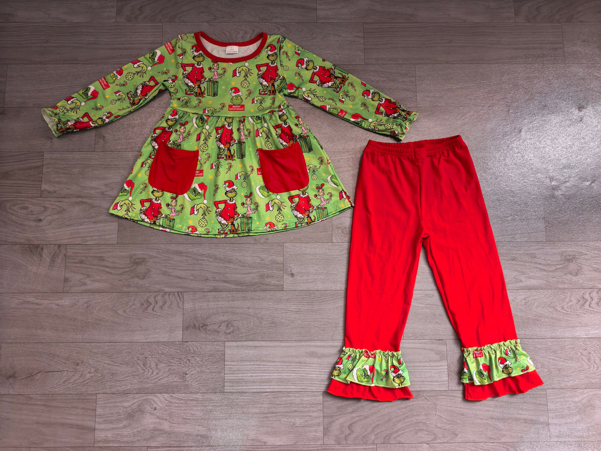 Green face tunic red pants girls Christmas outfits
