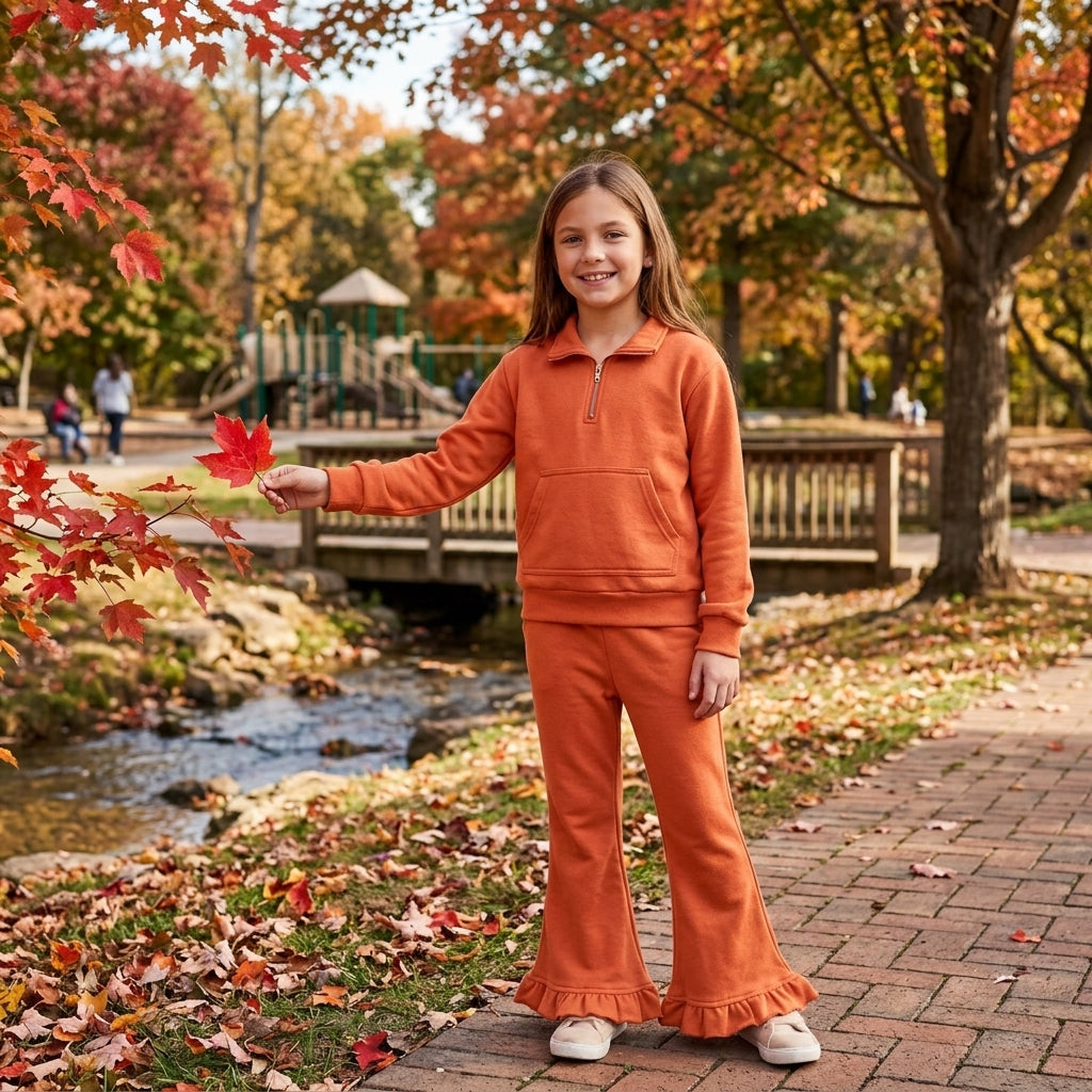 Light brown pocket pullover ruffle pants girls sweatshirt outfits