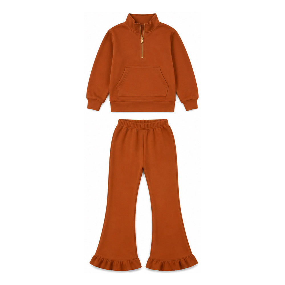 Light brown pocket pullover ruffle pants girls sweatshirt outfits