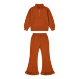 Light brown pocket pullover ruffle pants girls sweatshirt outfits