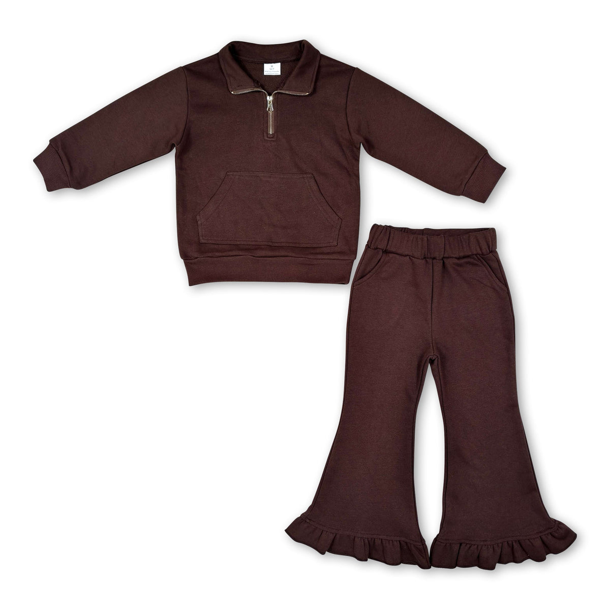 Dark brown pocket pullover ruffle pants girls sweatshirt outfits