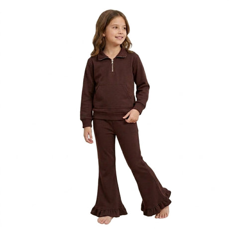 Dark brown pocket pullover ruffle pants girls sweatshirt outfits