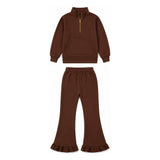Dark brown pocket pullover ruffle pants girls sweatshirt outfits