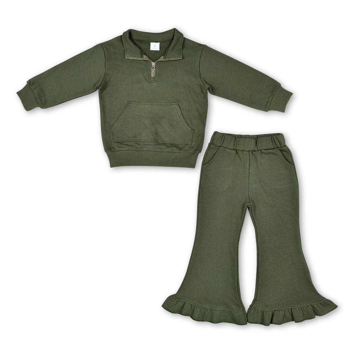 Olive brown pocket pullover ruffle pants girls sweatshirt outfits