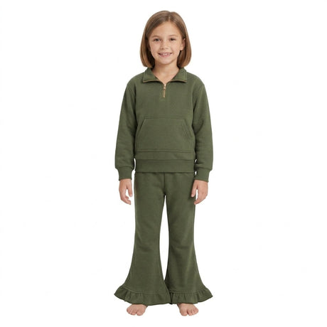 Olive brown pocket pullover ruffle pants girls sweatshirt outfits