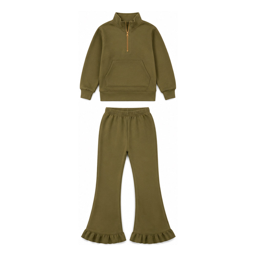 Olive brown pocket pullover ruffle pants girls sweatshirt outfits