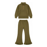 Olive brown pocket pullover ruffle pants girls sweatshirt outfits