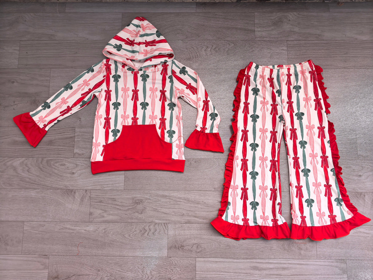 Red green bow hoodie ruffle pants girls Christmas set