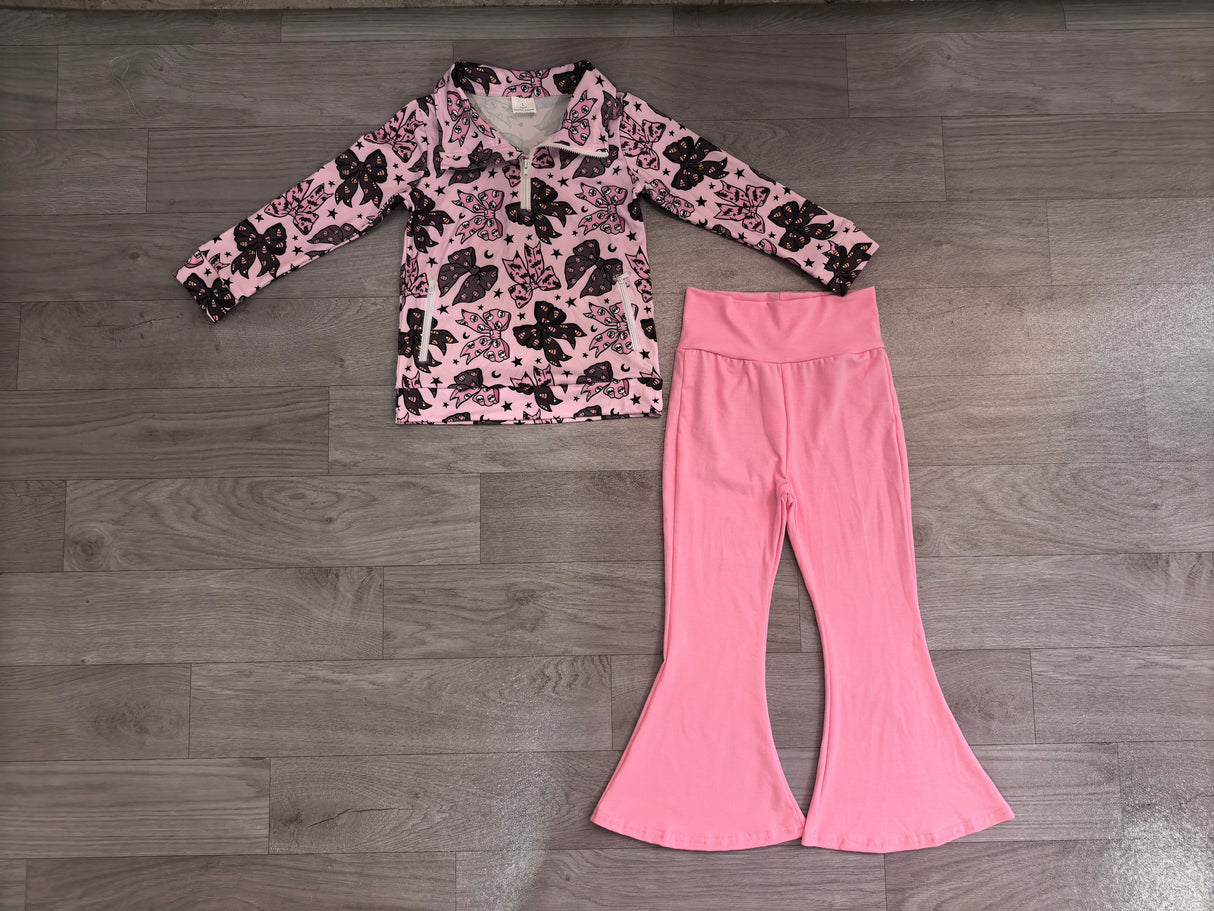 Bat skull bow pullover pink pants girls Halloween set
