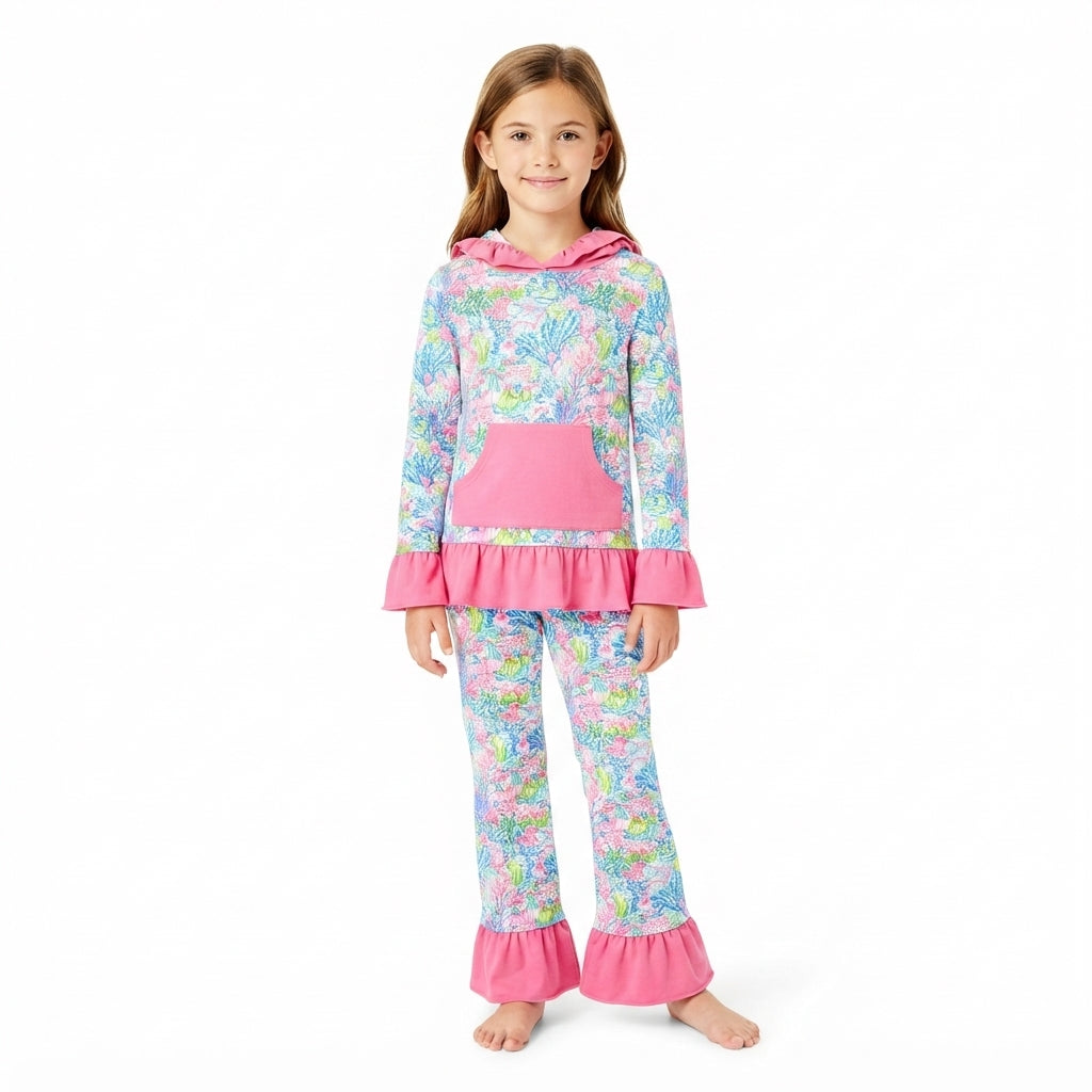 Long sleeves hot pink ruffle coral hoodie pants kids girls outfits
