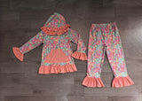 Long sleeves peach ruffle coral hoodie pants kids girls outfits