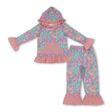 Long sleeves peach ruffle coral hoodie pants kids girls outfits