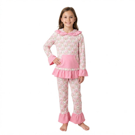 Long sleeves pink bow floral hoodie pants kids girls outfits