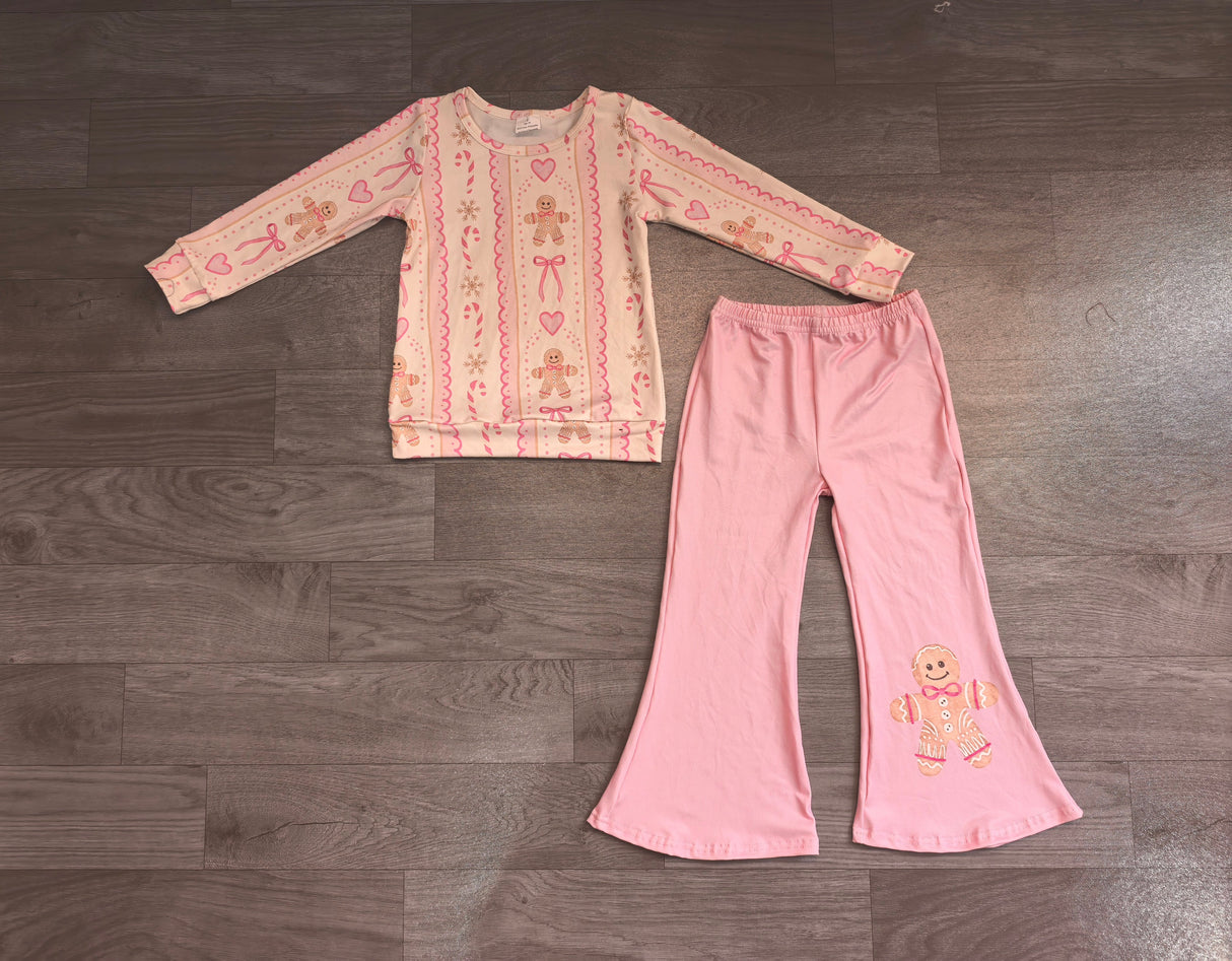 Gingerbread bow heart top pants girls Christmas outfits