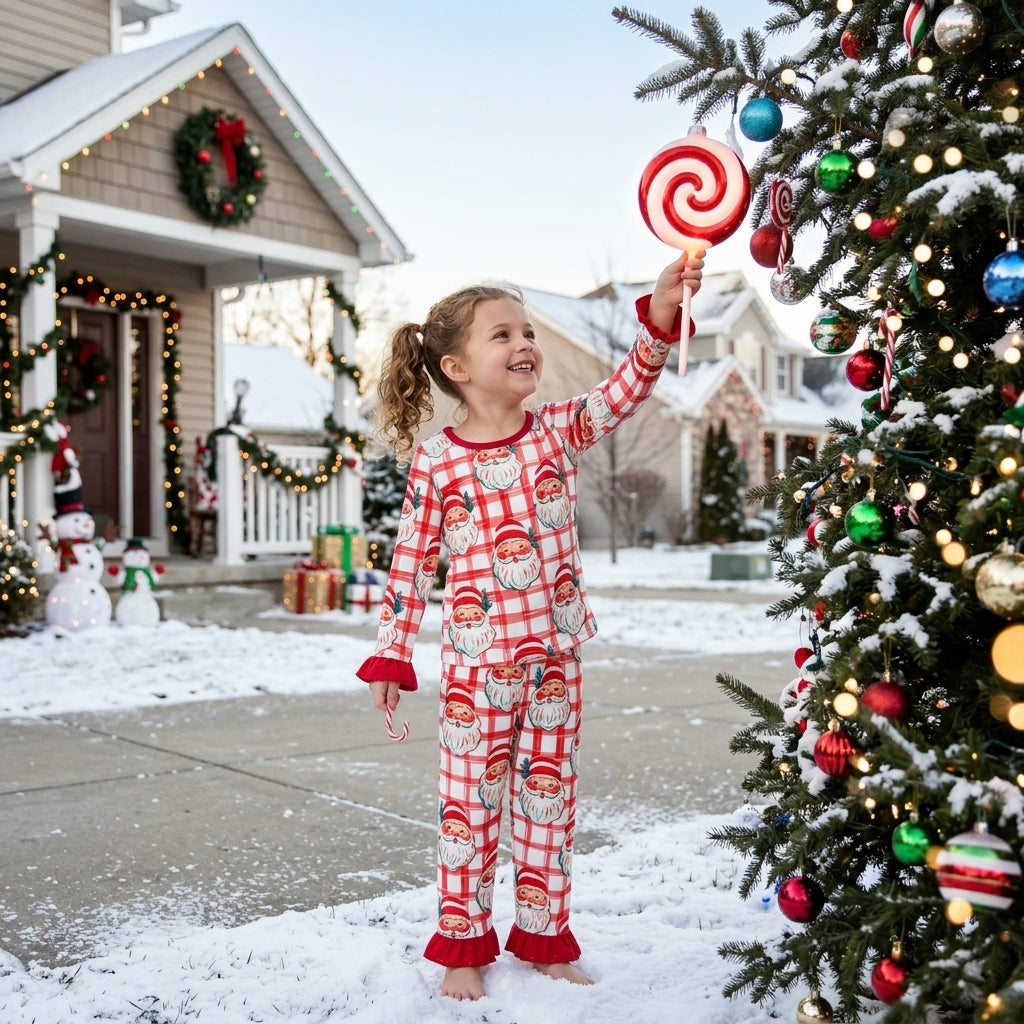 Red ruffle long sleeves santa top pants girls Christmas outfit