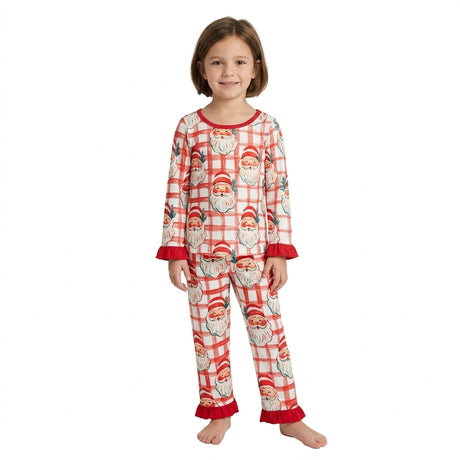 Red ruffle long sleeves santa top pants girls Christmas outfit