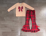 Long sleeves red plaid bow top pants girls Christmas set