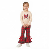 Long sleeves red plaid bow top pants girls Christmas set