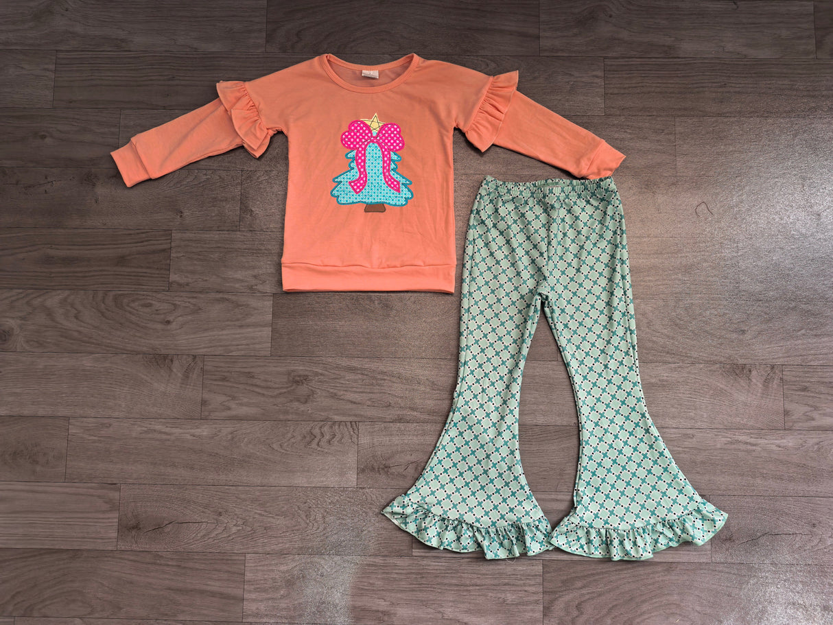 Christmas tree bow ruffle top pants kids girls outfits