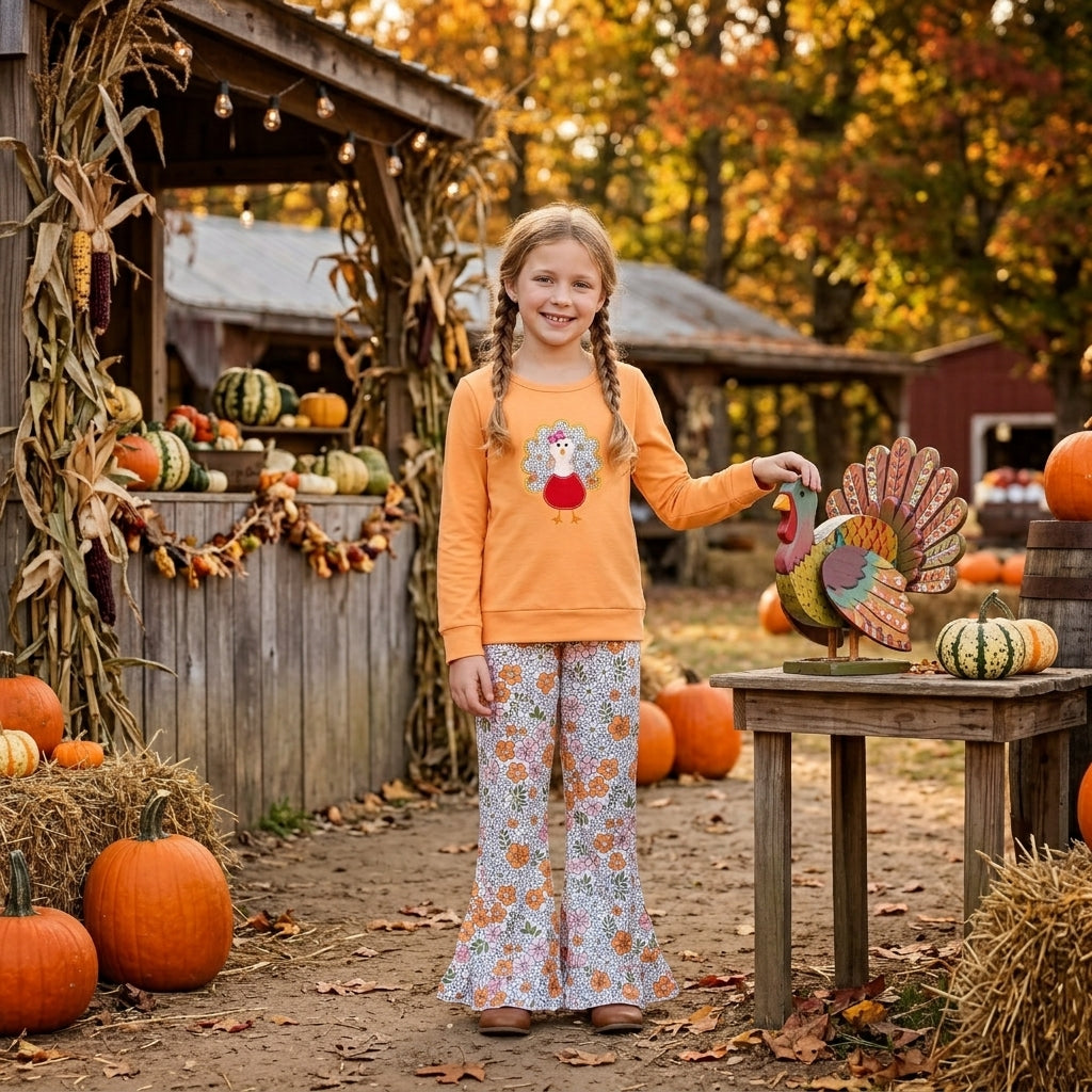 Floral turkey embroidery girls Thanksgiving outfits