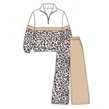Long sleeves leopard khaki pullover pants girls outfits