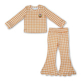 Plaid turkey embroidery scallop girls Thanksgiving set