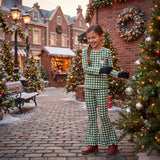 Santa embroidery green plaid scallop girls Christmas set